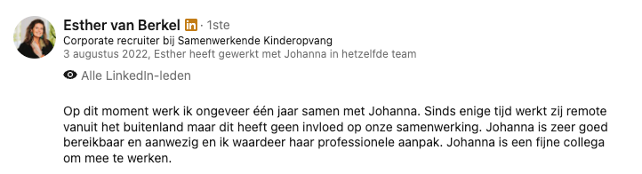 LinkedIn-aanbeveling van Esther van Berkel, Corporate recruiter