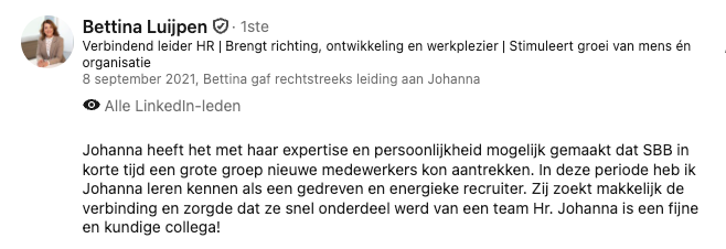 LinkedIn-aanbeveling van Bettina Luijpen, Verbindend leider HR