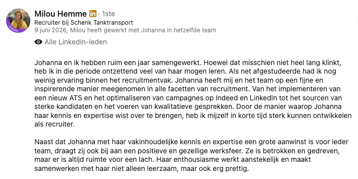 LinkedIn-aanbeveling van Milou Hemme, Recruiter bij Schenk Tanktransport
