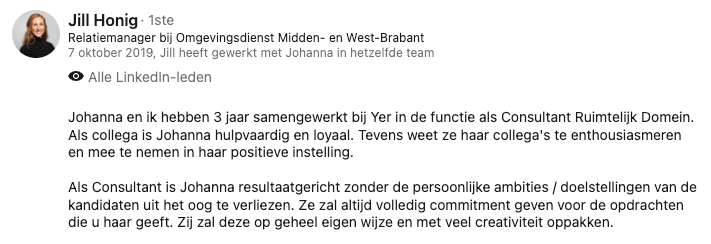 LinkedIn-aanbeveling van Jill Honig, Relatiemanager bij Omgevingsdienst Midden- en West-Brabant